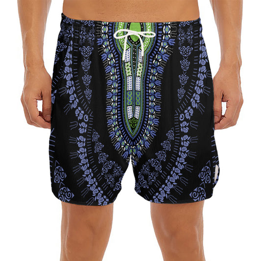 Blue And Black African Dashiki Print Men's Split Running Shorts