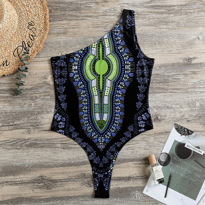 Blue And Black African Dashiki Print One Shoulder Bodysuit