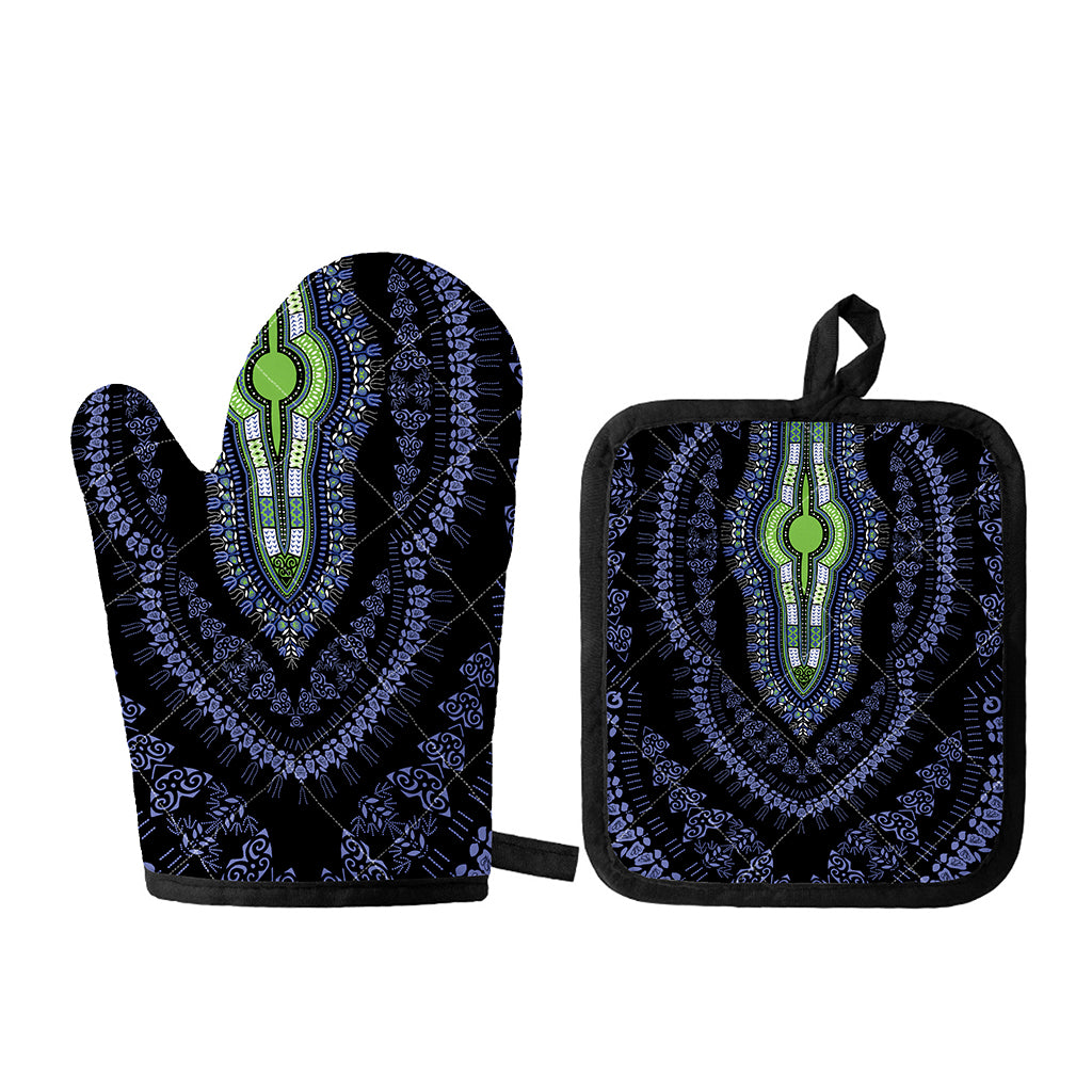 Blue And Black African Dashiki Print Oven Mitt And Pot Holder Set