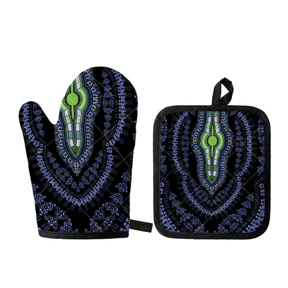 Blue And Black African Dashiki Print Oven Mitt And Pot Holder Set