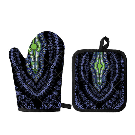 Blue And Black African Dashiki Print Oven Mitt And Pot Holder Set