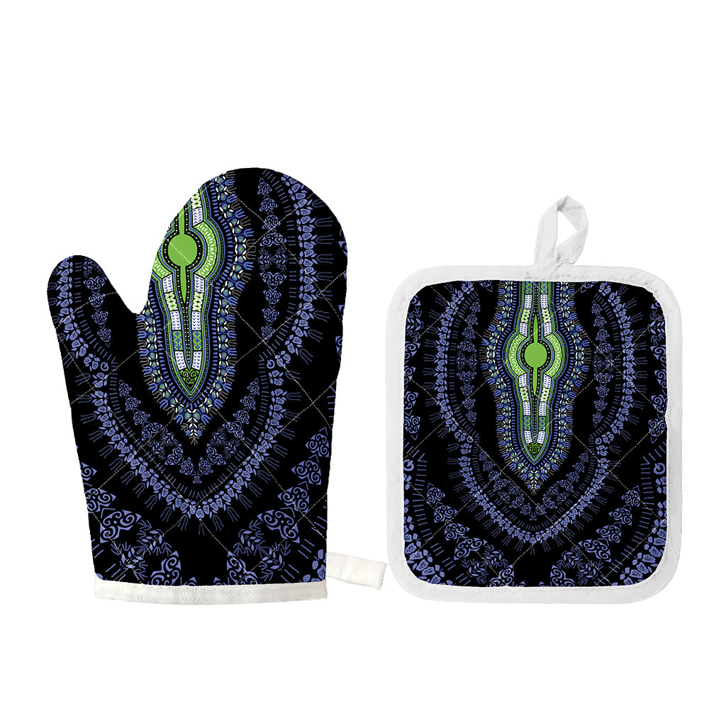 Blue And Black African Dashiki Print Oven Mitt And Pot Holder Set