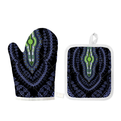 Blue And Black African Dashiki Print Oven Mitt And Pot Holder Set
