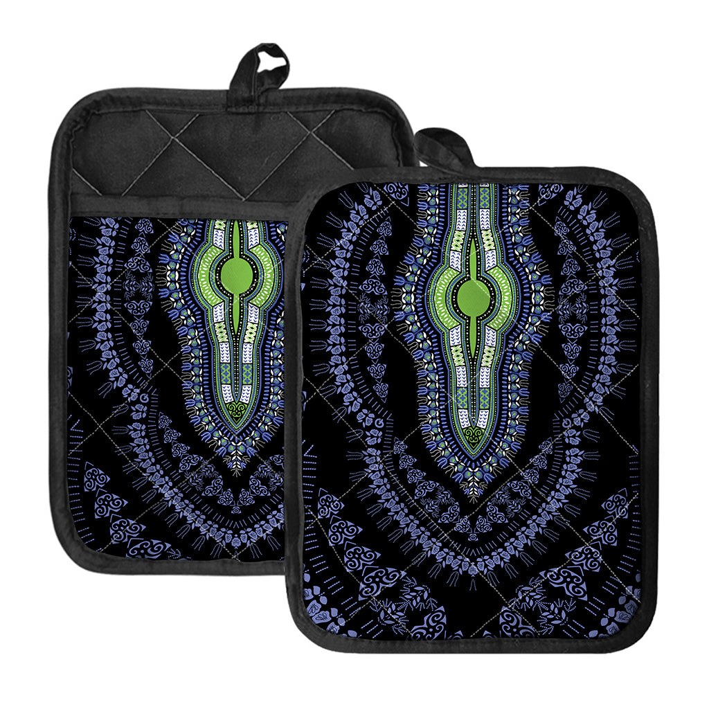 Blue And Black African Dashiki Print Pot Holders With Pocket