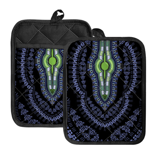 Blue And Black African Dashiki Print Pot Holders With Pocket