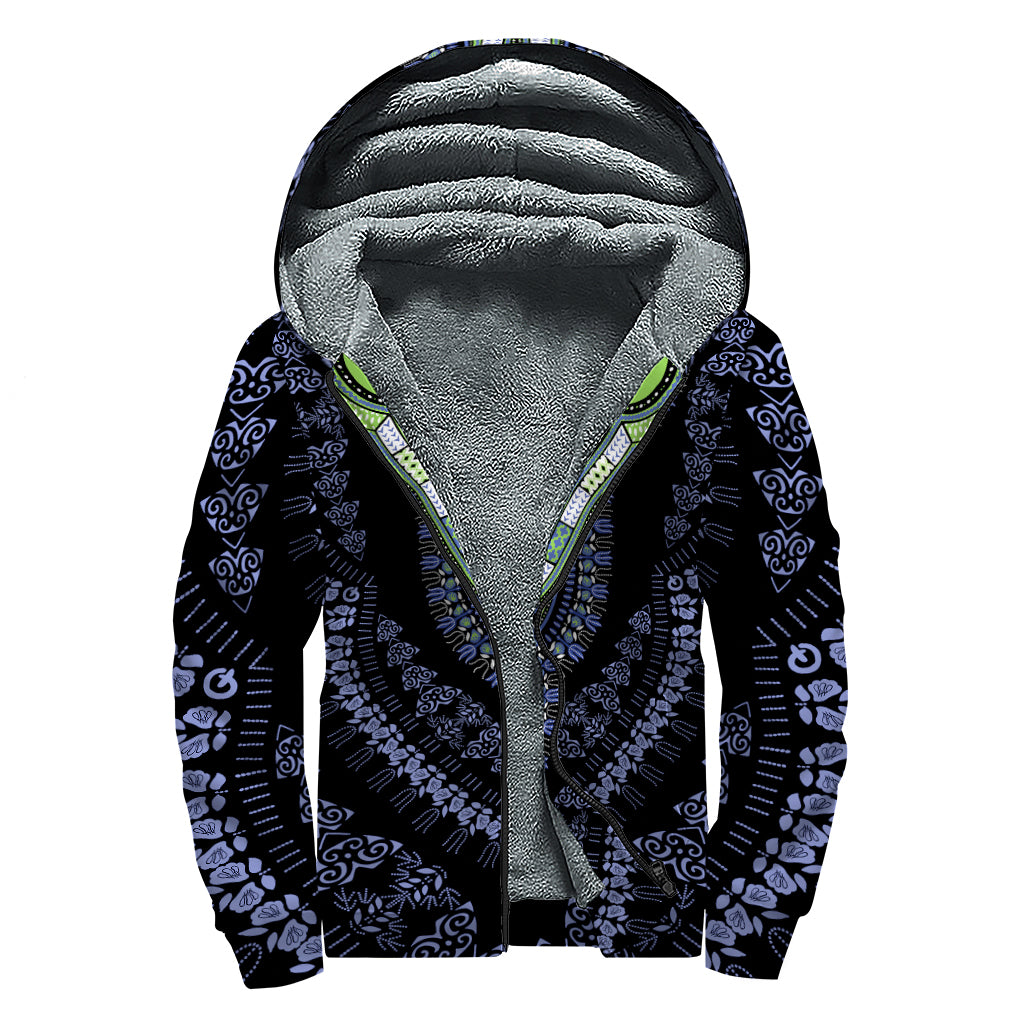 Blue And Black African Dashiki Print Sherpa Lined Zip Up Hoodie