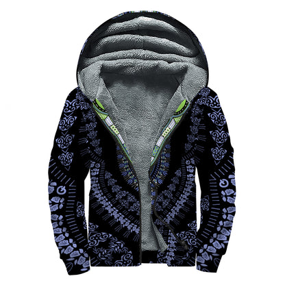 Blue And Black African Dashiki Print Sherpa Lined Zip Up Hoodie
