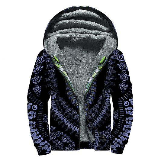 Blue And Black African Dashiki Print Sherpa Lined Zip Up Hoodie