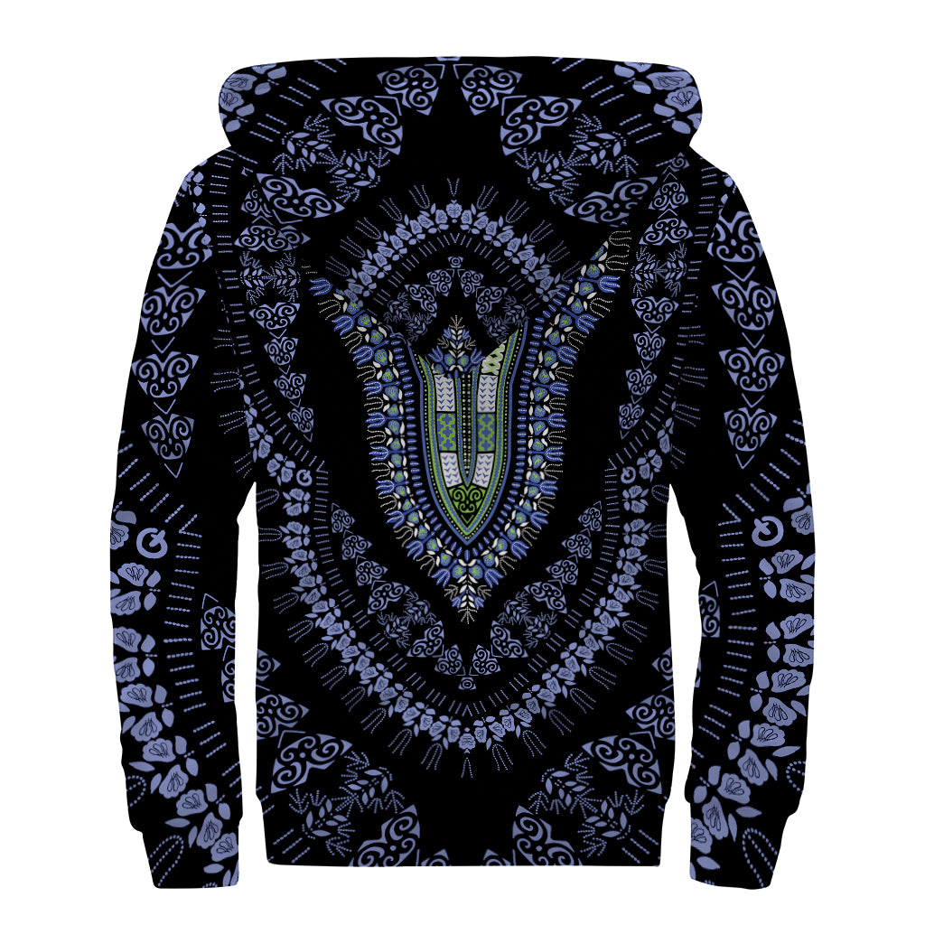 Blue And Black African Dashiki Print Sherpa Lined Zip Up Hoodie