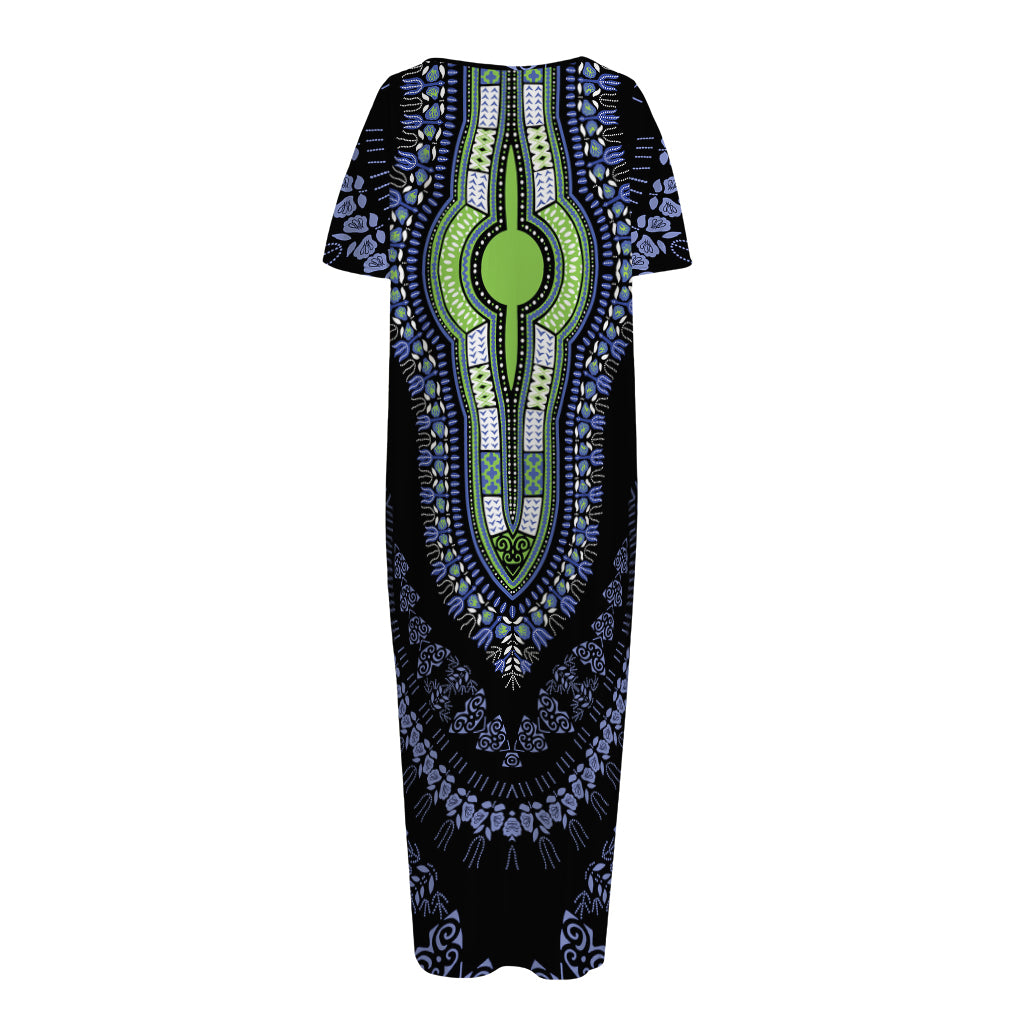 Blue And Black African Dashiki Print Short Sleeve Long Nightdress