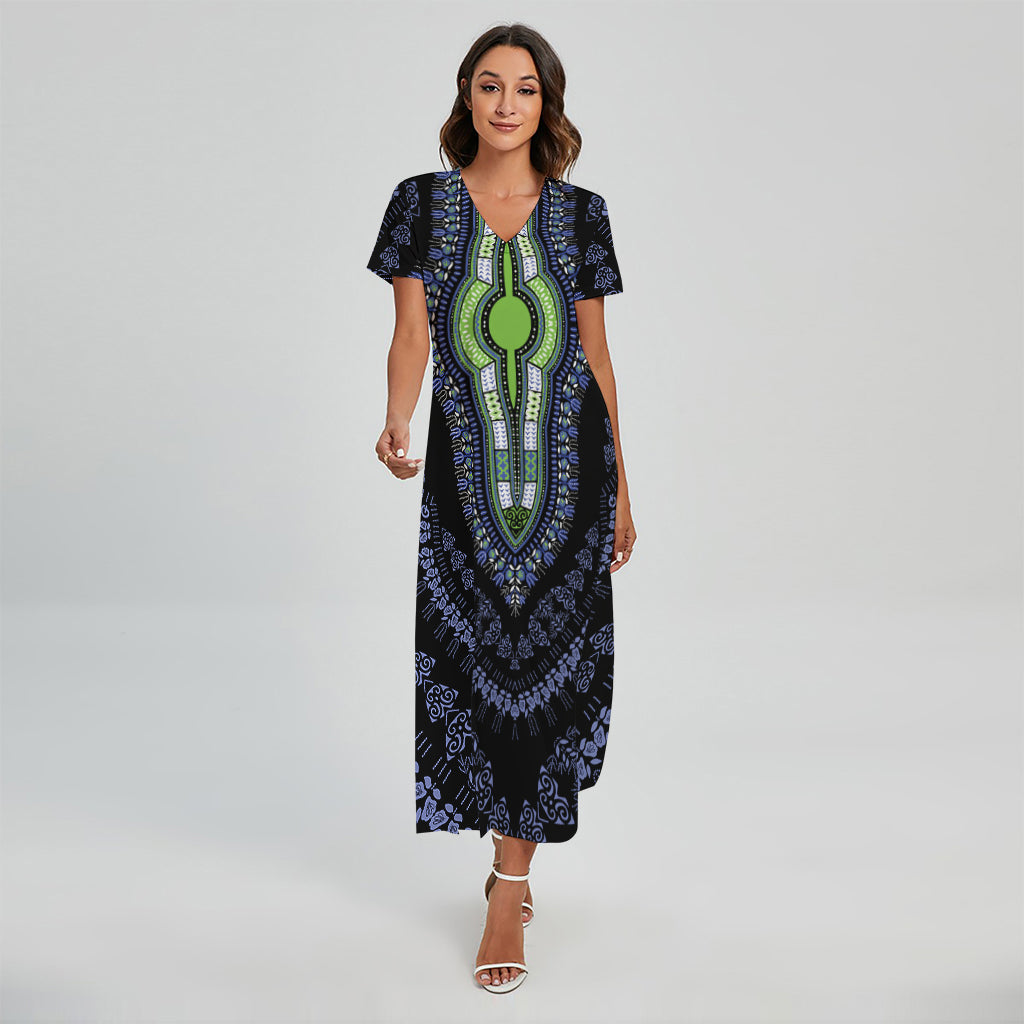Blue And Black African Dashiki Print Short Sleeve Maxi Dress