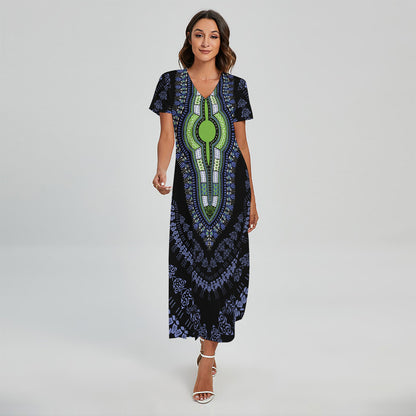 Blue And Black African Dashiki Print Short Sleeve Maxi Dress
