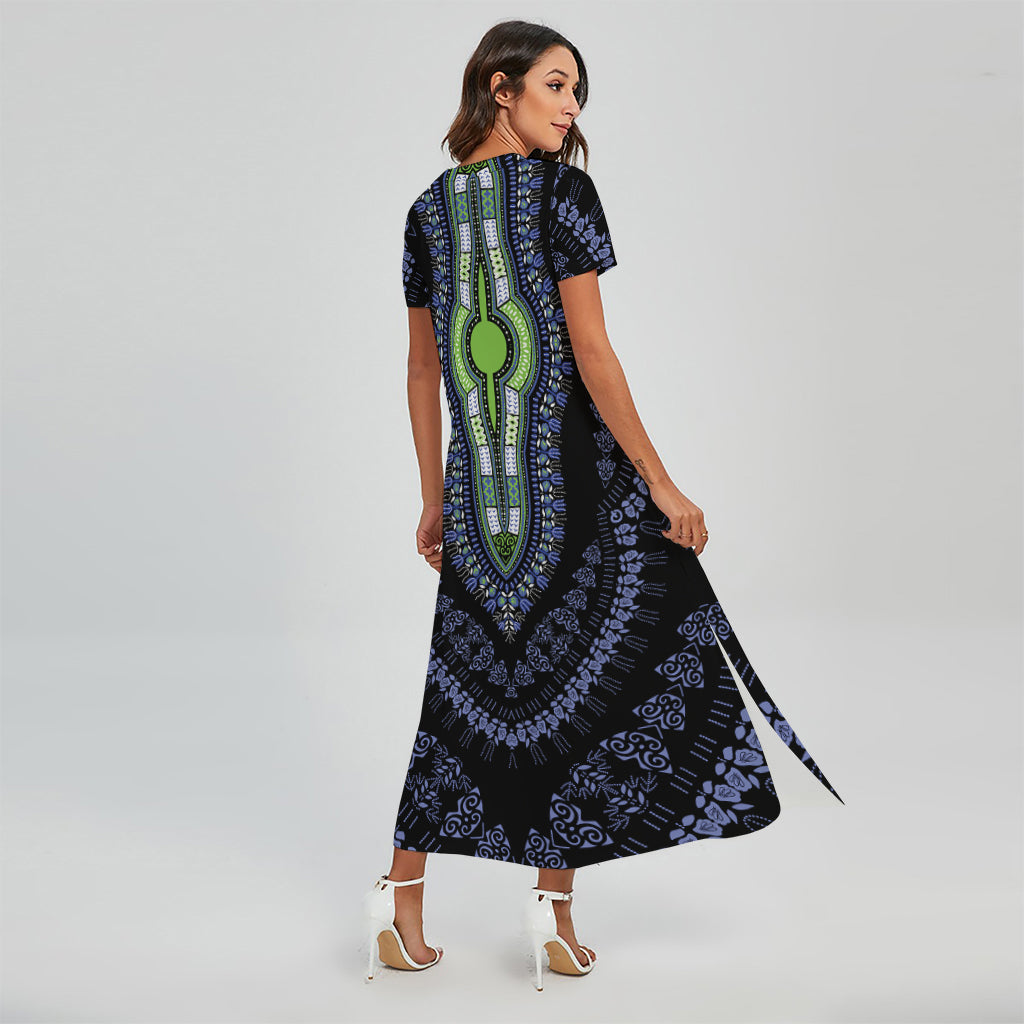 Blue And Black African Dashiki Print Short Sleeve Maxi Dress