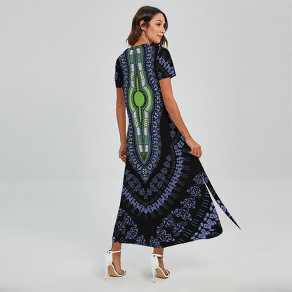 Blue And Black African Dashiki Print Short Sleeve Maxi Dress