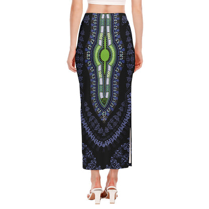 Blue And Black African Dashiki Print Side Slit Maxi Skirt
