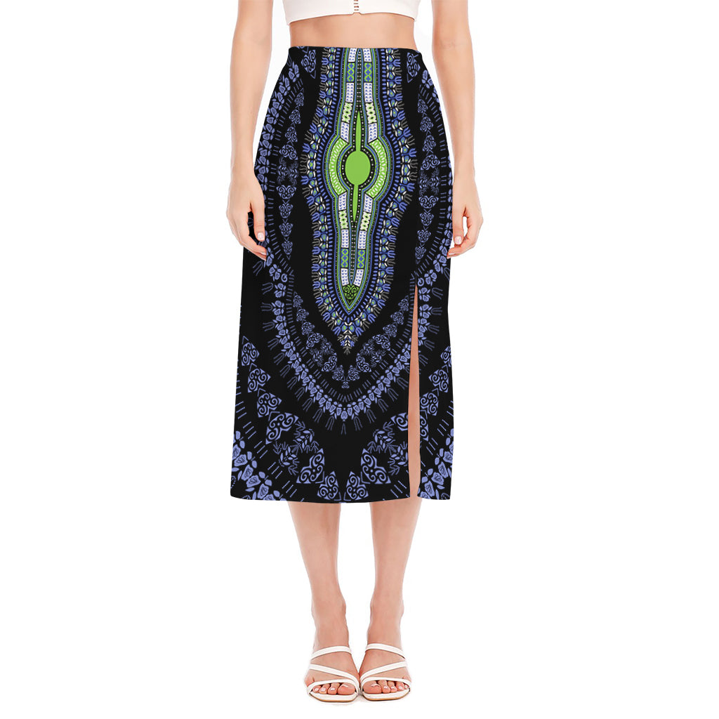 Blue And Black African Dashiki Print Side Slit Midi Skirt