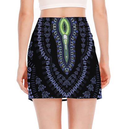 Blue And Black African Dashiki Print Side Slit Mini Skirt