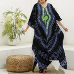 Blue And Black African Dashiki Print Silk V-Neck Kaftan Dress