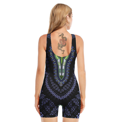 Blue And Black African Dashiki Print Sleeveless One Piece Swimsuit