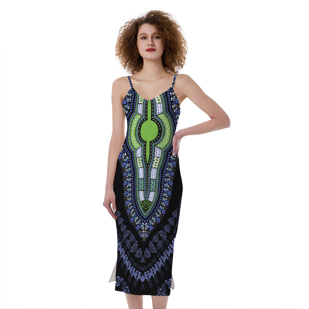 Blue And Black African Dashiki Print Slim Fit Midi Cami Dress