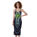 Blue And Black African Dashiki Print Slim Fit Midi Cami Dress