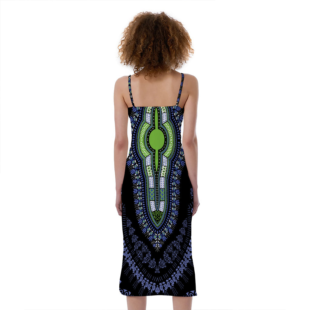 Blue And Black African Dashiki Print Slim Fit Midi Cami Dress