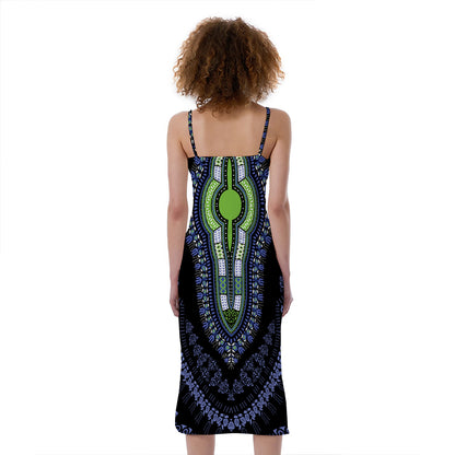Blue And Black African Dashiki Print Slim Fit Midi Cami Dress