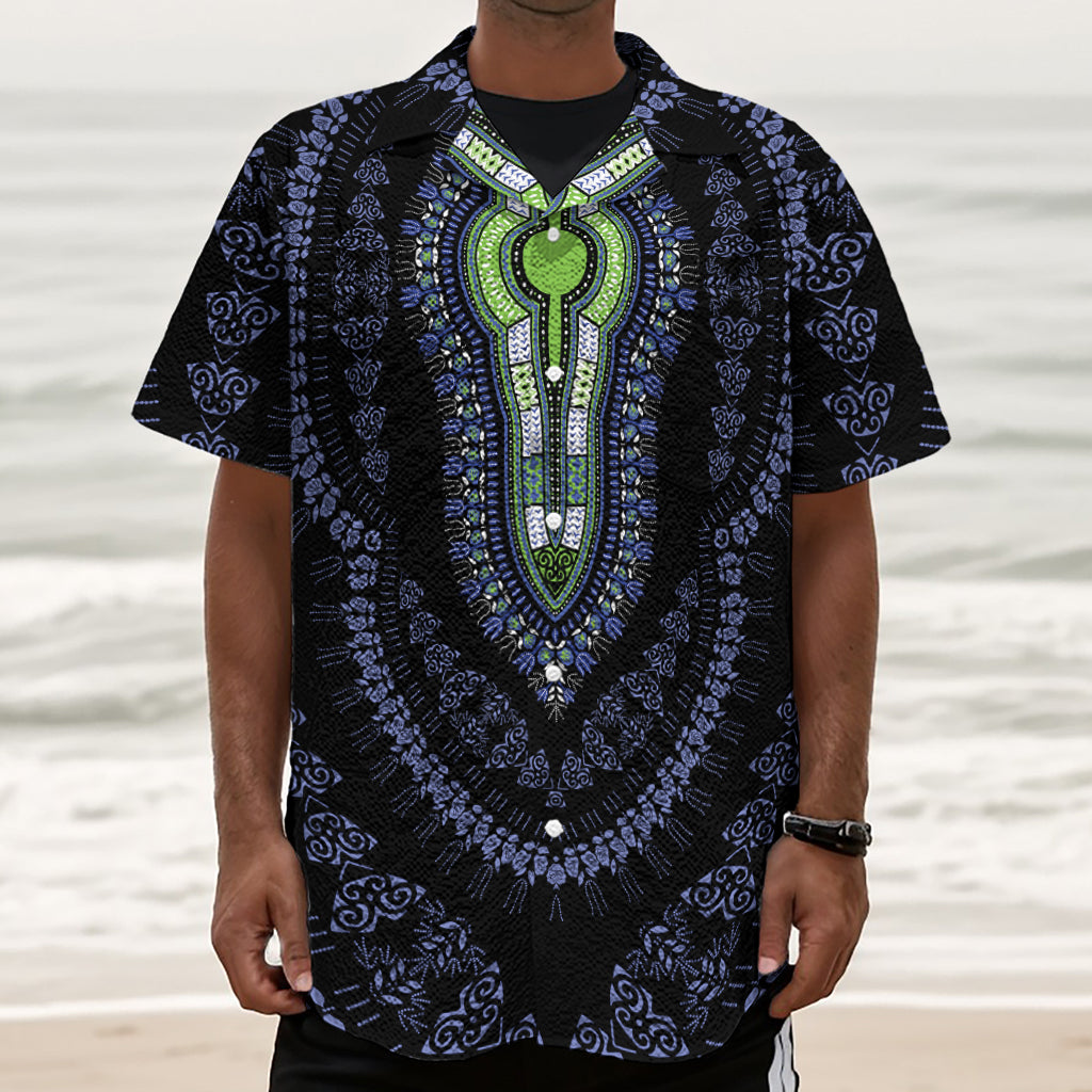 Blue And Black African Dashiki Print Textured Short Sleeve Shirt