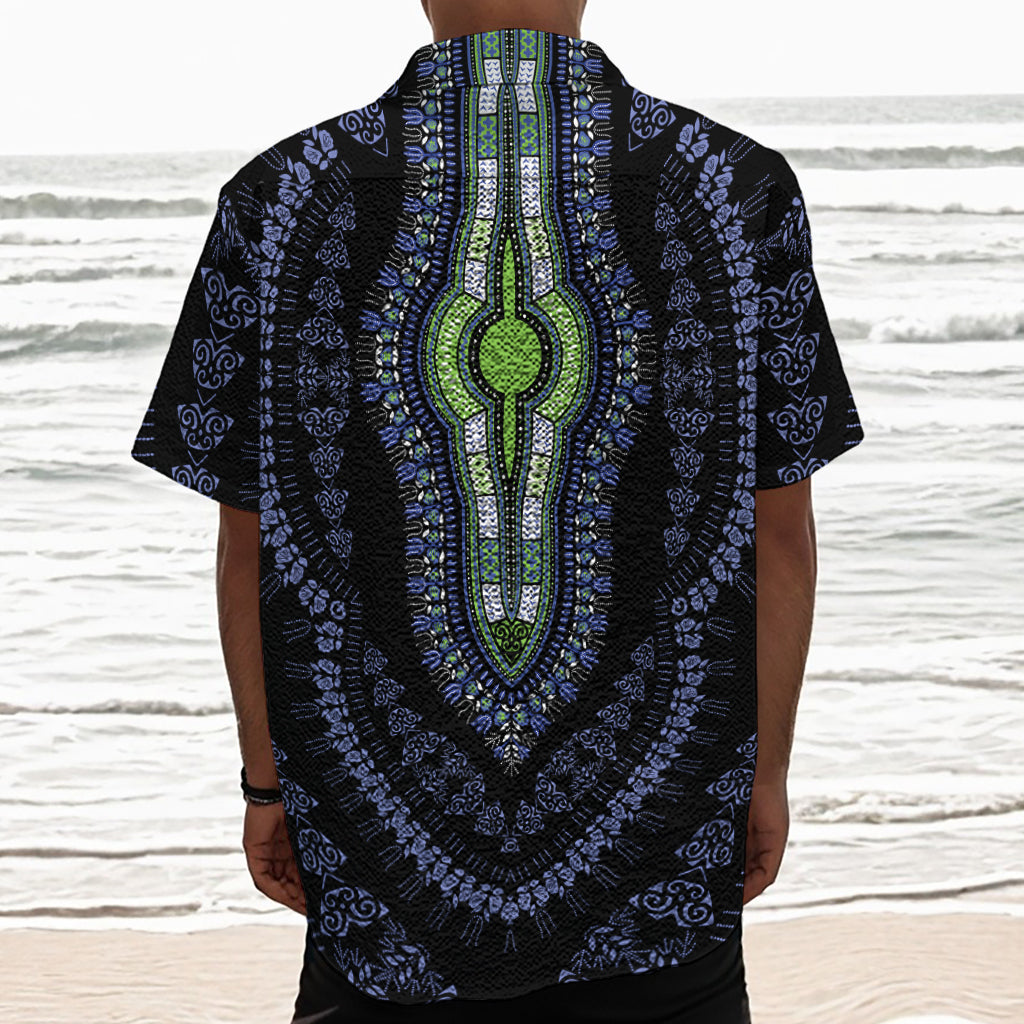 Blue And Black African Dashiki Print Textured Short Sleeve Shirt