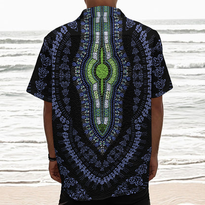 Blue And Black African Dashiki Print Textured Short Sleeve Shirt