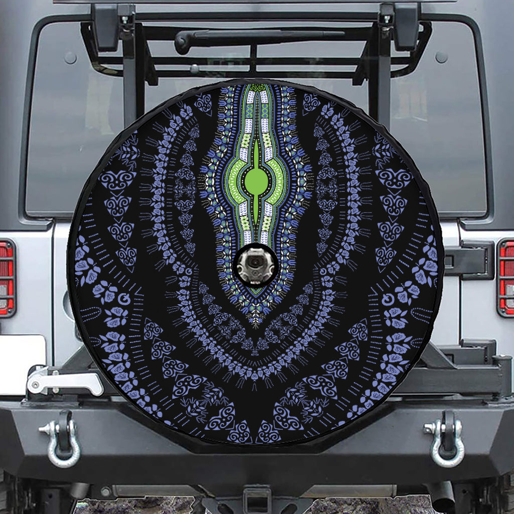 Blue And Black African Dashiki Print Tire Cover With Camera Hole
