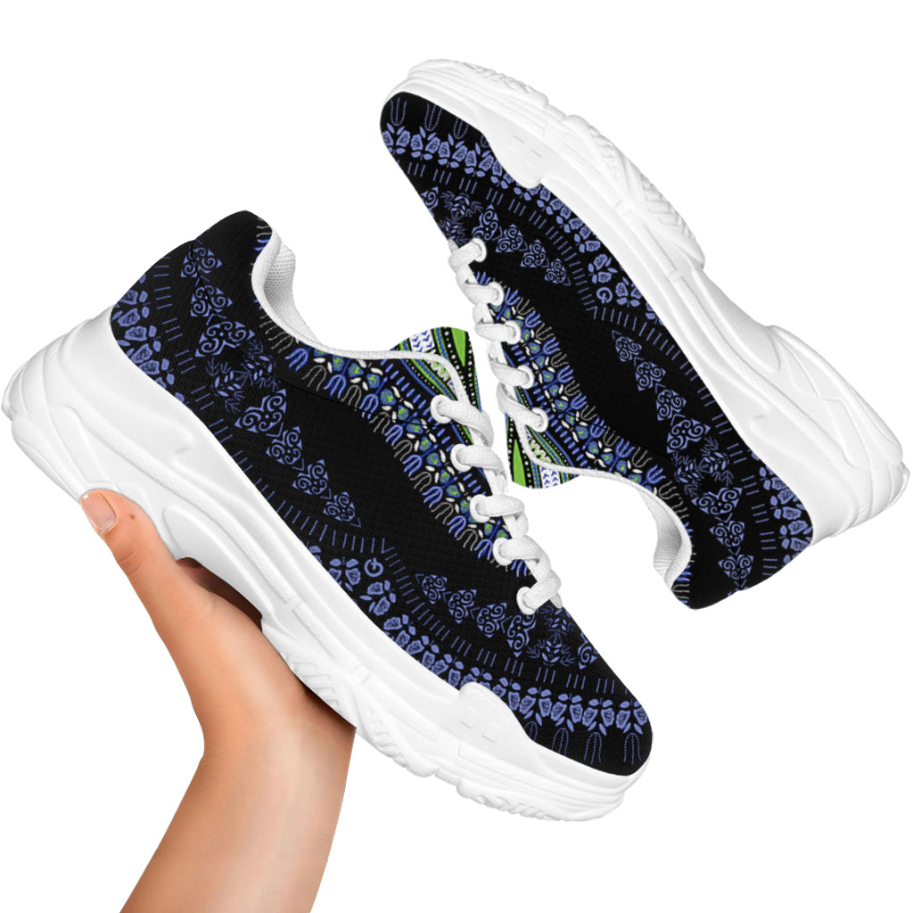 Blue And Black African Dashiki Print White Chunky Shoes