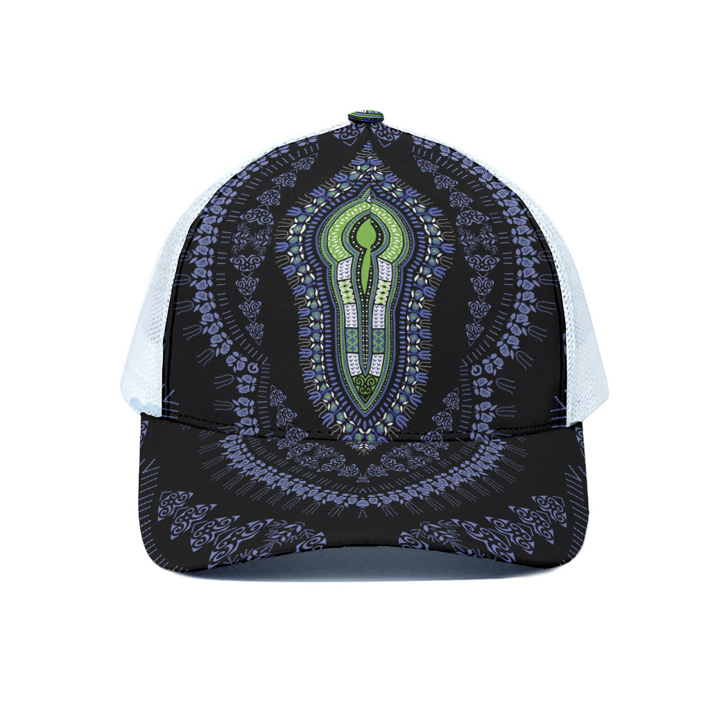 Blue And Black African Dashiki Print White Mesh Trucker Cap
