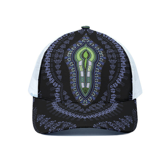Blue And Black African Dashiki Print White Mesh Trucker Cap