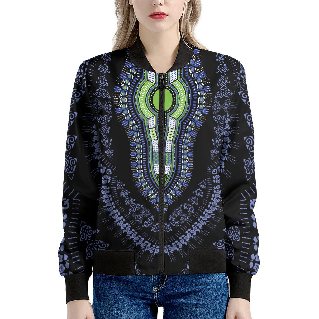 Blue And Black African Dashiki Print Women's Bomber Jacket