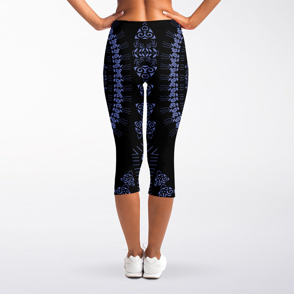 Blue And Black African Dashiki Print Women's Capri Leggings