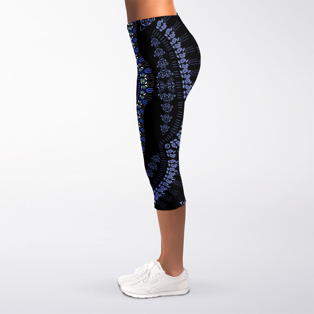 Blue And Black African Dashiki Print Women's Capri Leggings