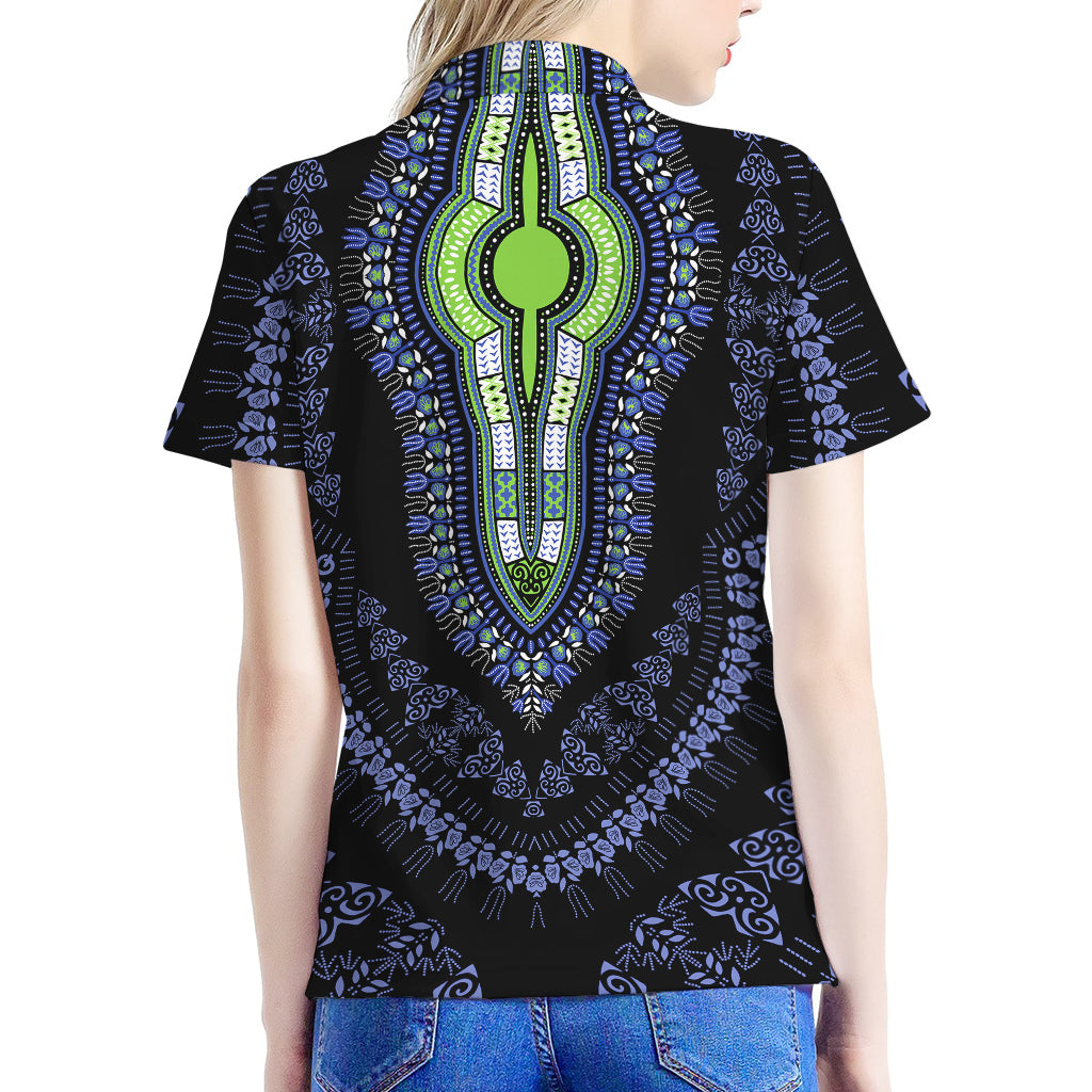 Blue And Black African Dashiki Print Women's Polo Shirt