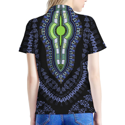 Blue And Black African Dashiki Print Women's Polo Shirt