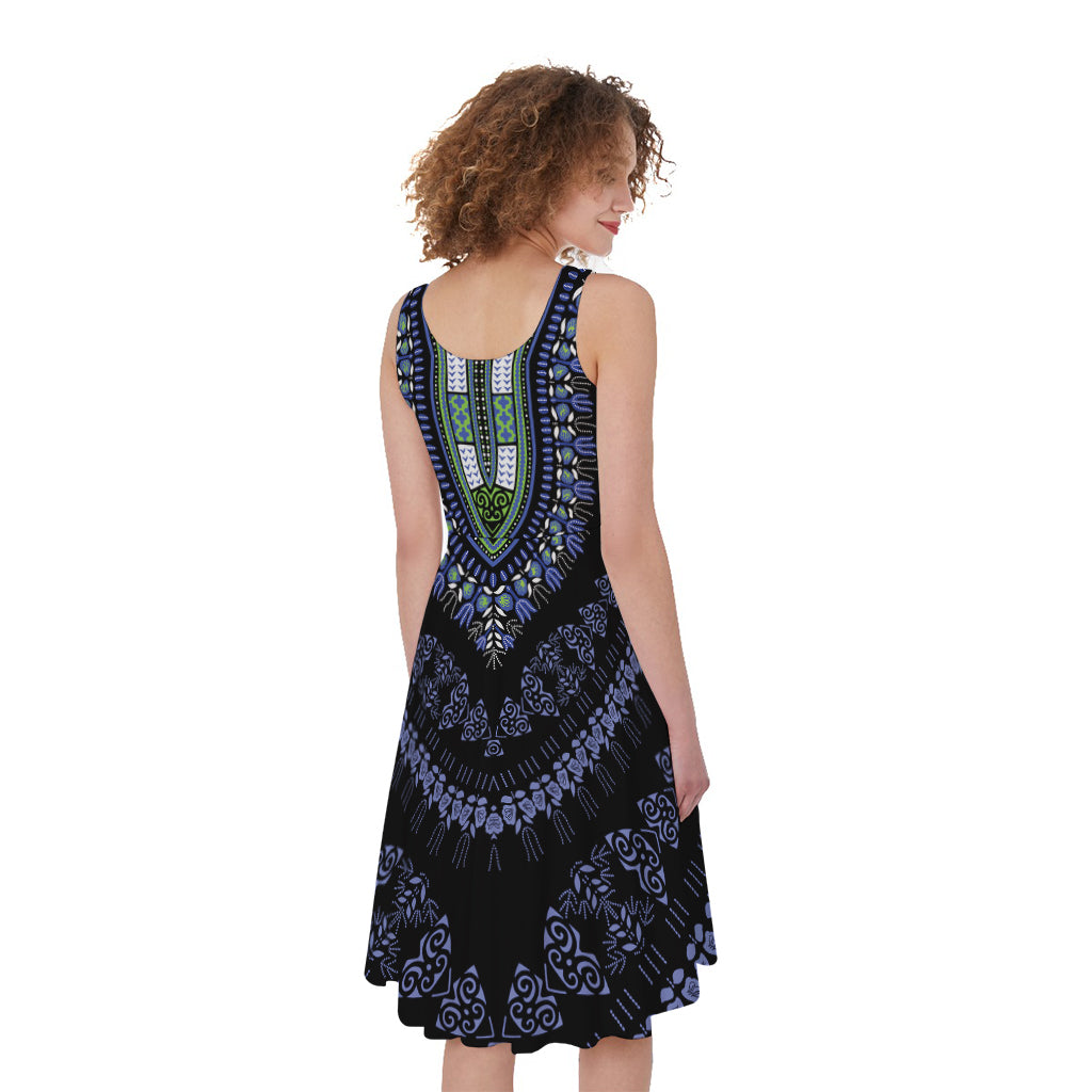Blue And Black African Dashiki Print Women's Sleeveless Dress