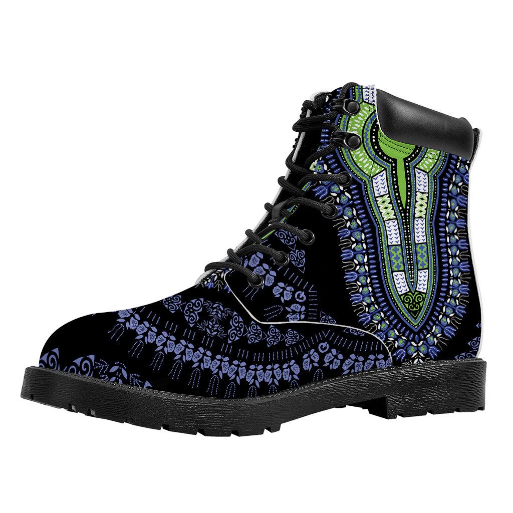 Blue And Black African Dashiki Print Work Boots
