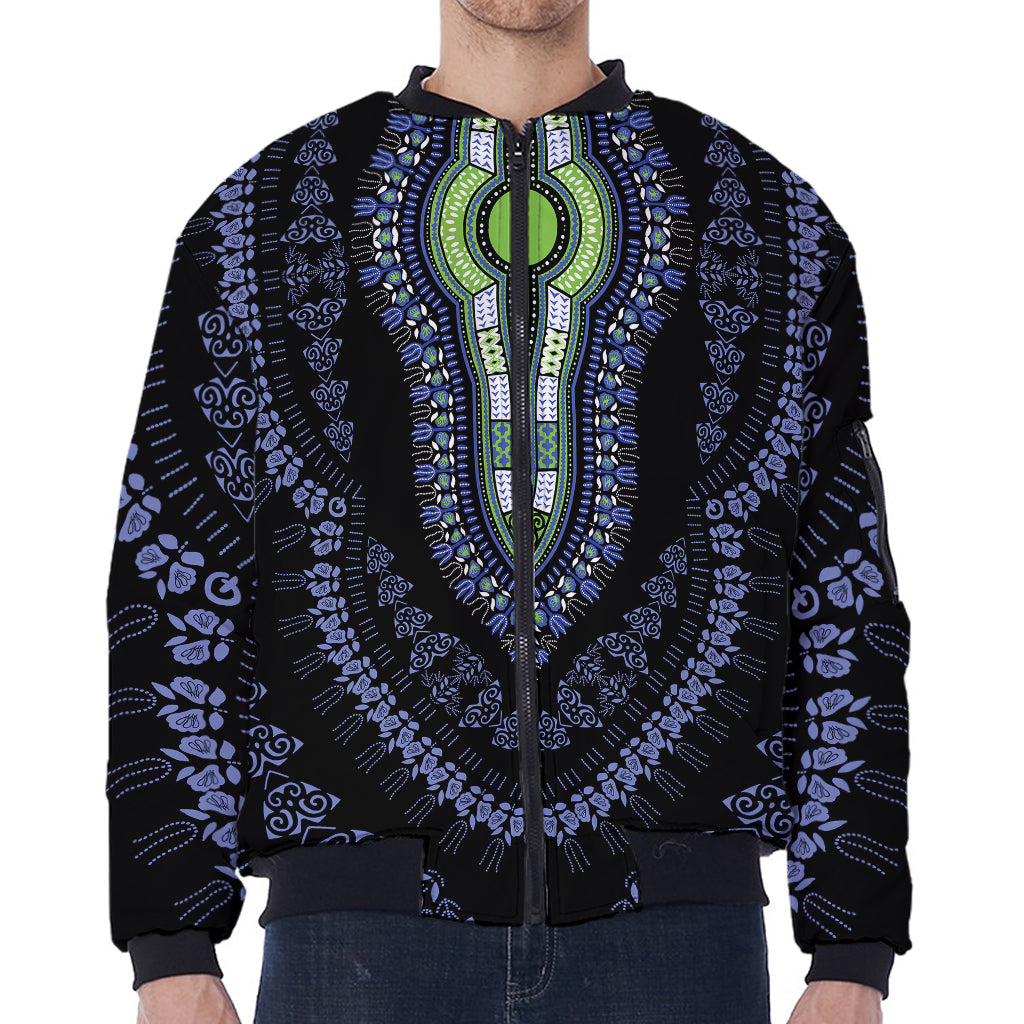 Blue And Black African Dashiki Print Zip Sleeve Bomber Jacket