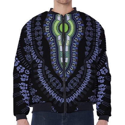 Blue And Black African Dashiki Print Zip Sleeve Bomber Jacket