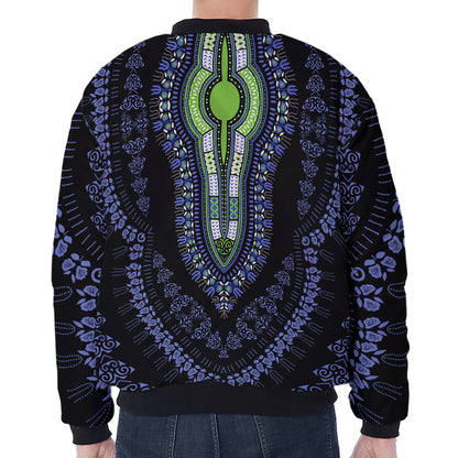 Blue And Black African Dashiki Print Zip Sleeve Bomber Jacket