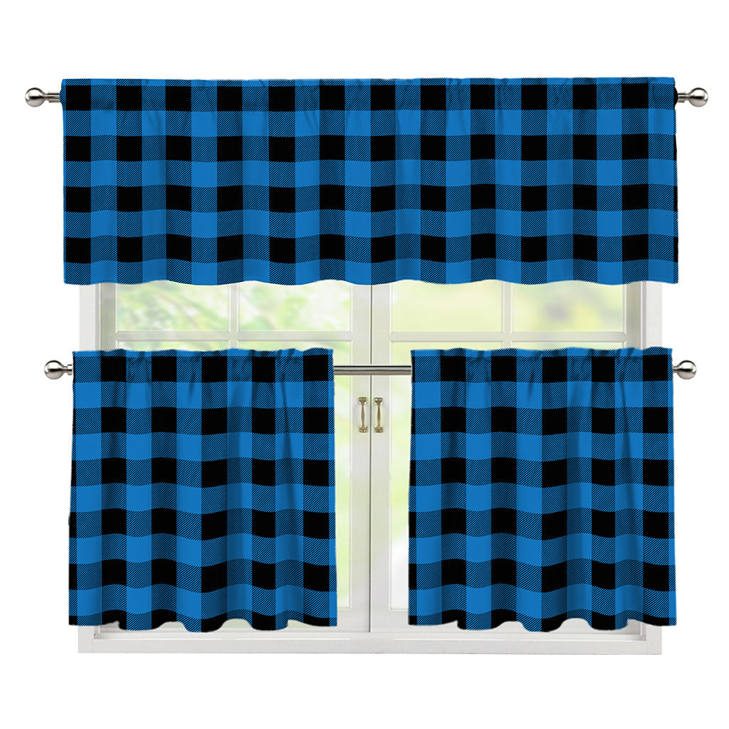 Blue And Black Buffalo Check Print 3 Piece Kitchen Curtains