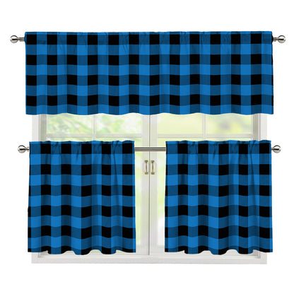 Blue And Black Buffalo Check Print 3 Piece Kitchen Curtains