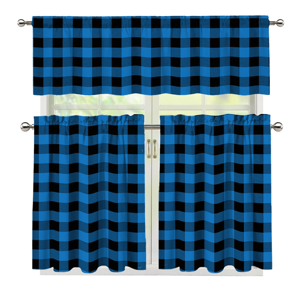 Blue And Black Buffalo Check Print 3 Piece Kitchen Curtains