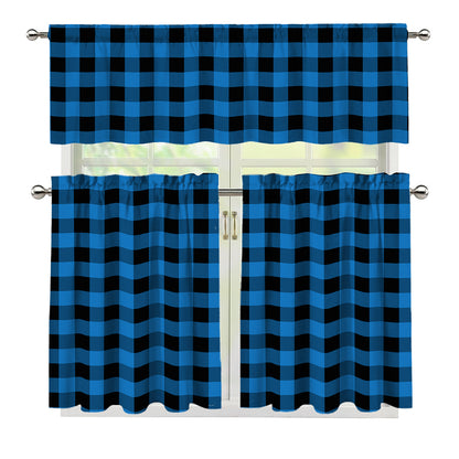 Blue And Black Buffalo Check Print 3 Piece Kitchen Curtains
