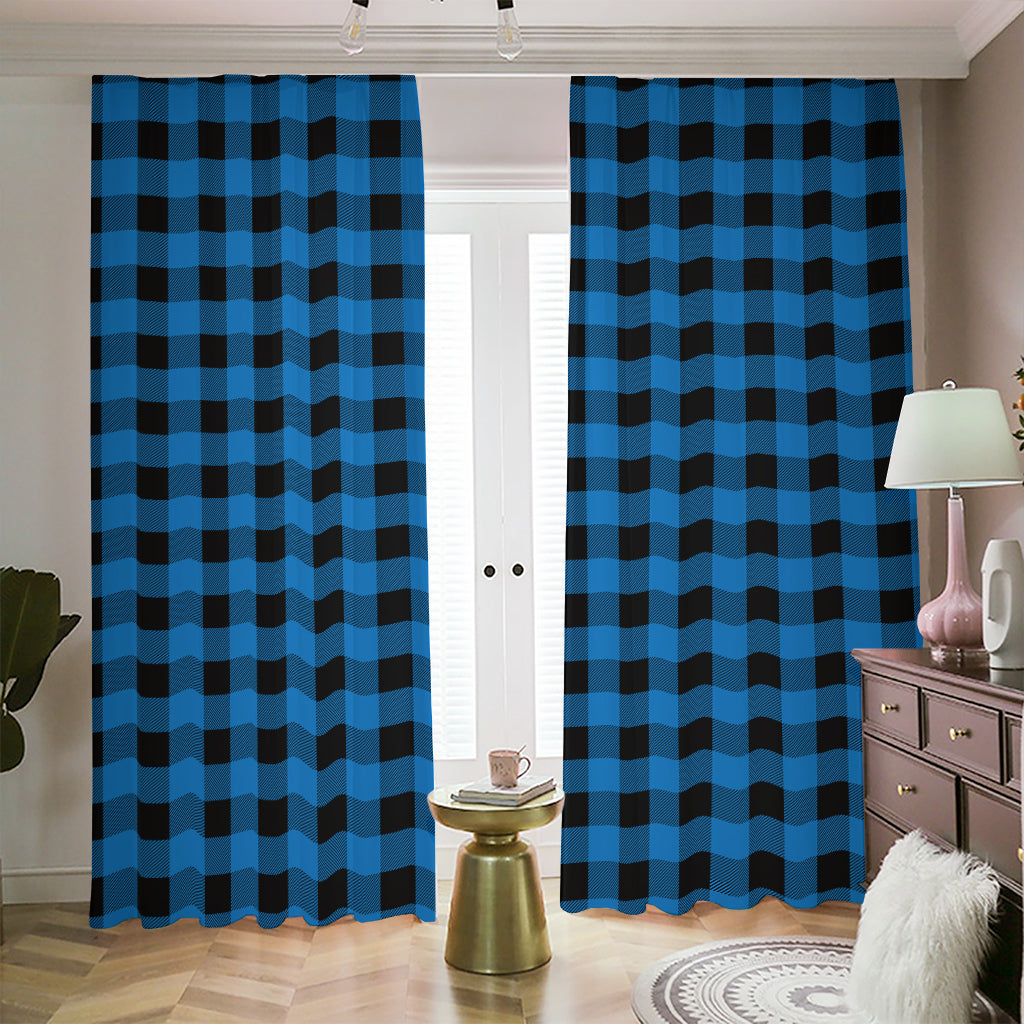 Blue And Black Buffalo Check Print Blackout Pencil Pleat Curtains