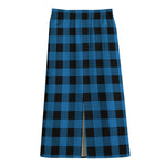 Blue And Black Buffalo Check Print Cotton Front Slit Maxi Skirt